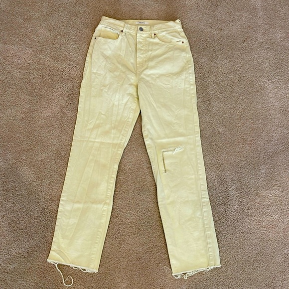 PacSun Denim - Pacsun pale yellow jeans, high waisted, distressed, rough hem, women size 27